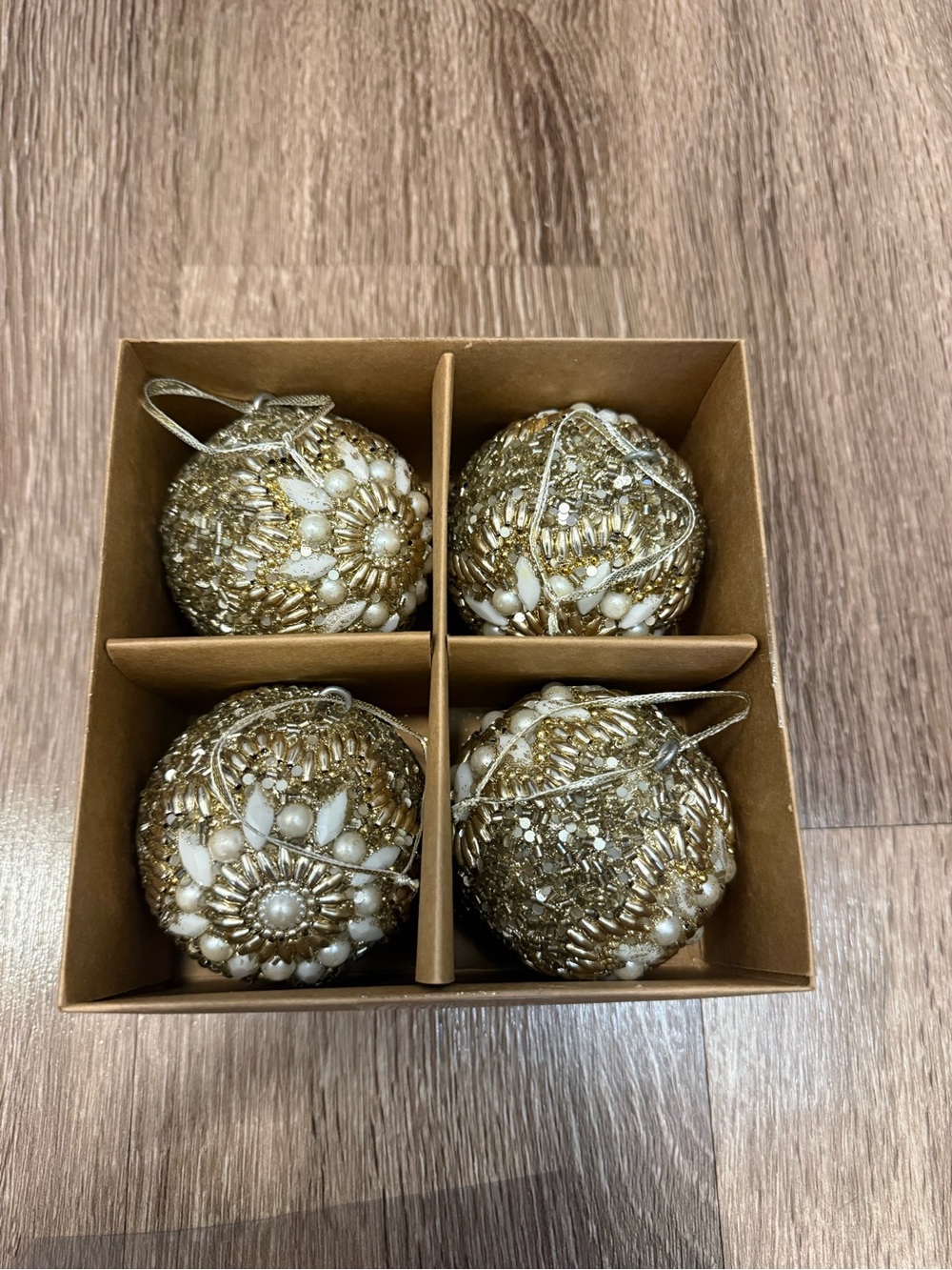 Gold Beaded Holiday Ornament Set - 4 Pack